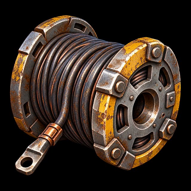 Spool of dark conductive Galvanic wire wound between bolted yellow-and-steel flanges, with a crimped lug on the free end