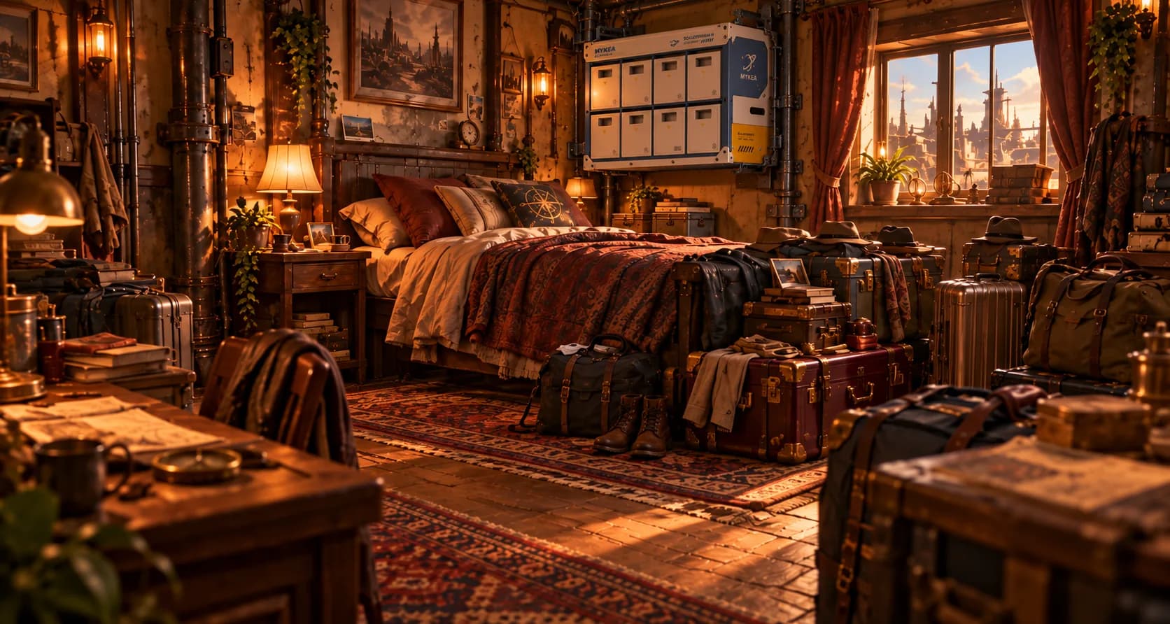 A lamplit inn guest room with a MYKEA storage container mounted on a welded frame above the bed, the luggage around it a little tidier